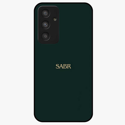 Sabr Minimal Patience Glass Case showing flat back view with minimalist typography artwork and glossy glass finish.