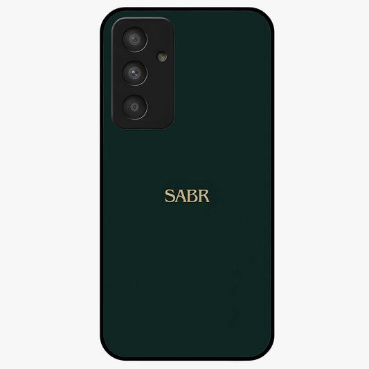 Sabr Minimal Patience Glass Case showing flat back view with minimalist typography artwork and glossy glass finish.