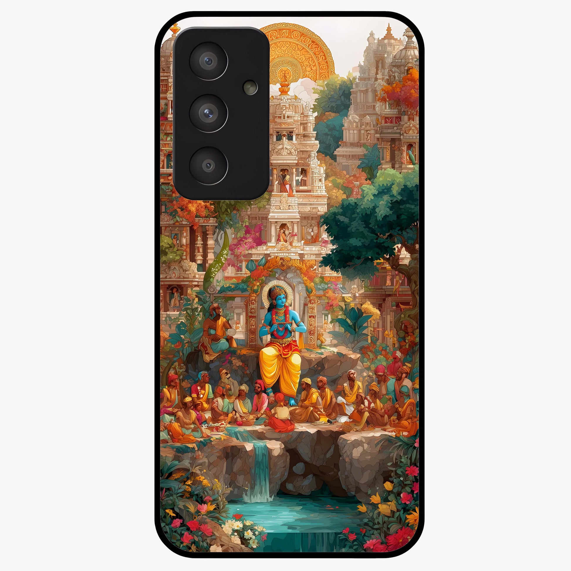 Sacred Sunlight Gods Glass Case showing flat back view with divine sunlight themed artwork and glossy glass finish.