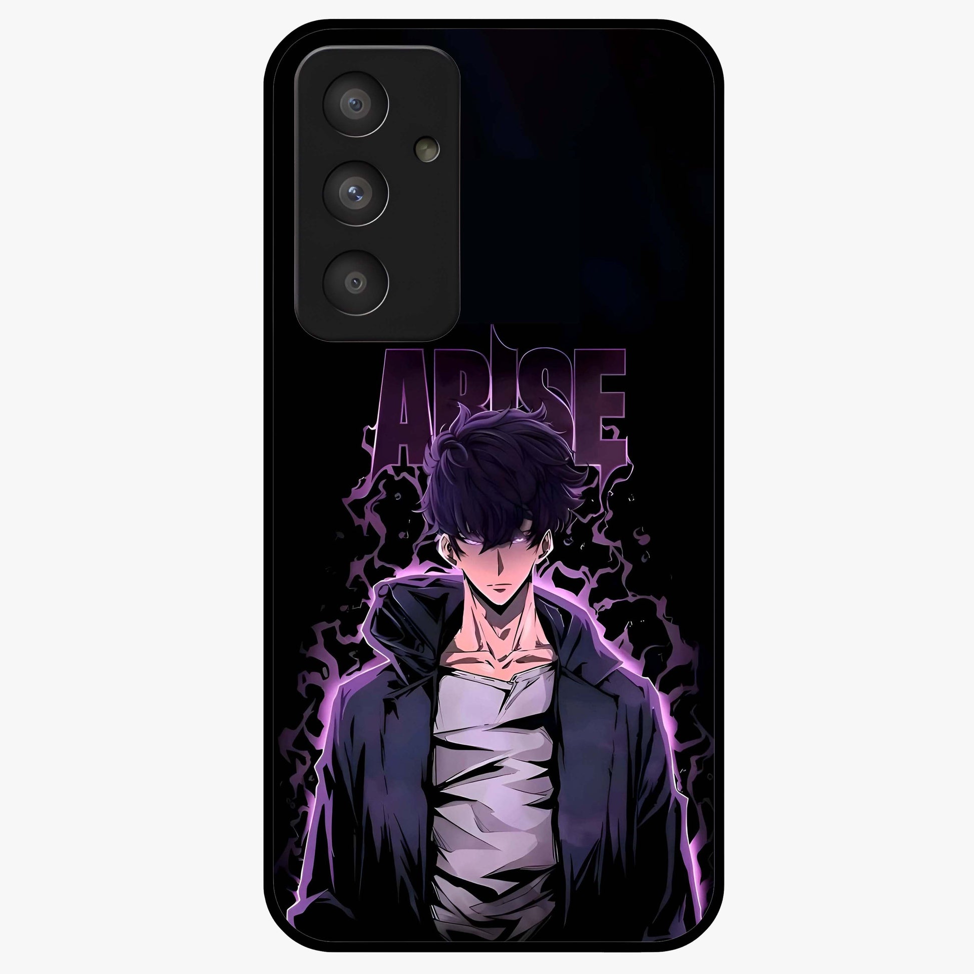 Shadow Monarch Awakening Glass Case showing flat back view with powerful dark monarch themed artwork and glossy glass finish.