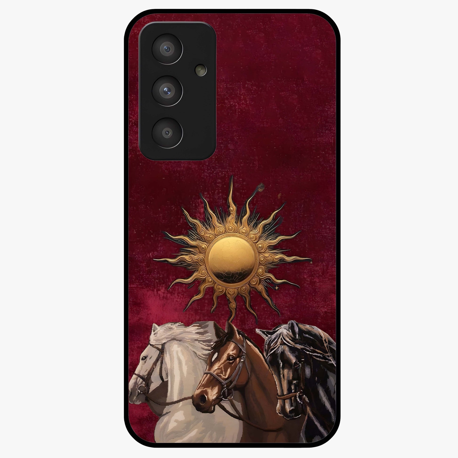 Solar Riders Glass Case showing flat back view with dynamic rider themed artwork and glossy glass finish.