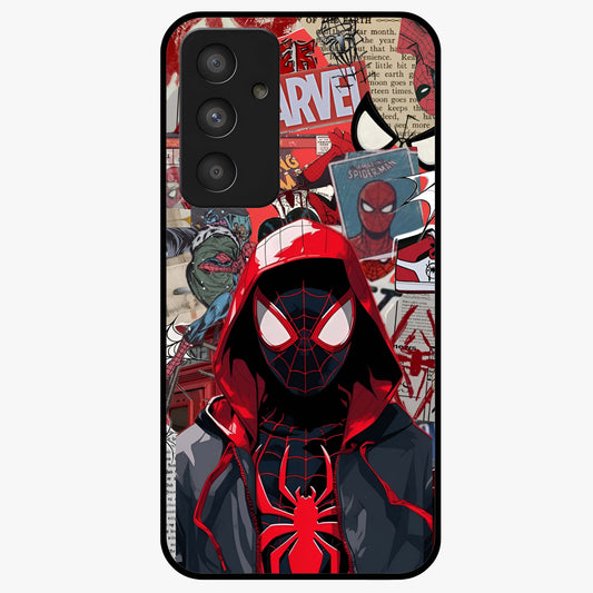 Spider Collage Street Glass Case showing flat back view with vibrant superhero collage artwork and glossy glass finish.