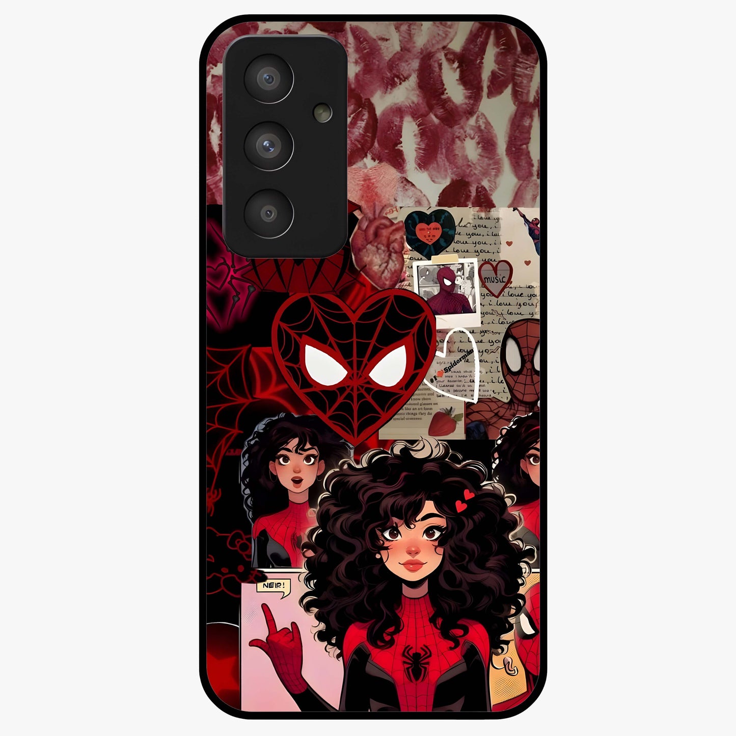 Spider Love Story Glass Case showing flat back view with romantic superhero themed artwork and glossy glass finish.