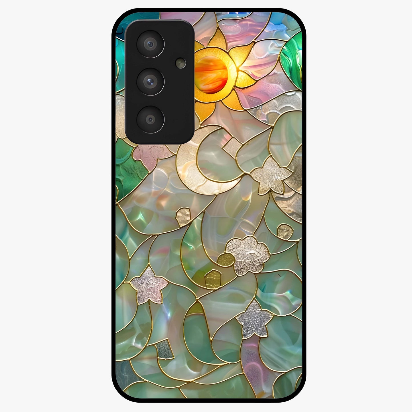 Stained Sunrise Glow Glass Case showing flat back view with glowing sunrise stained pattern artwork and glossy glass finish.