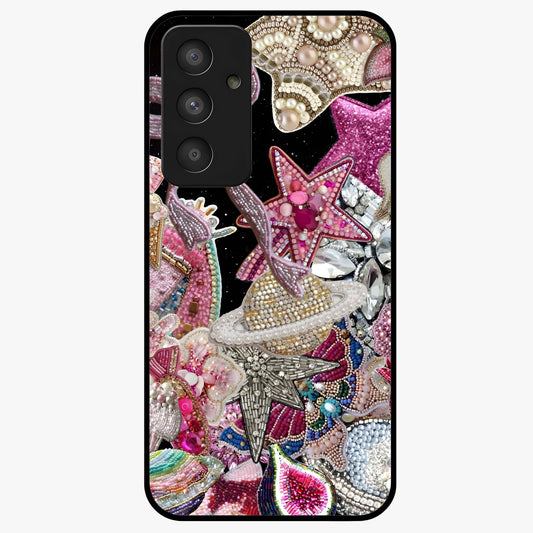 Starlit Jewel Dream Glass Case showing flat back view with sparkling jewel and star themed artwork and glossy glass finish.