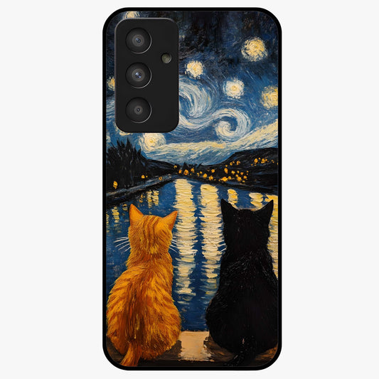 Starry River Cats Glass Case showing flat back view with cats by a starry river artwork and glossy glass finish.