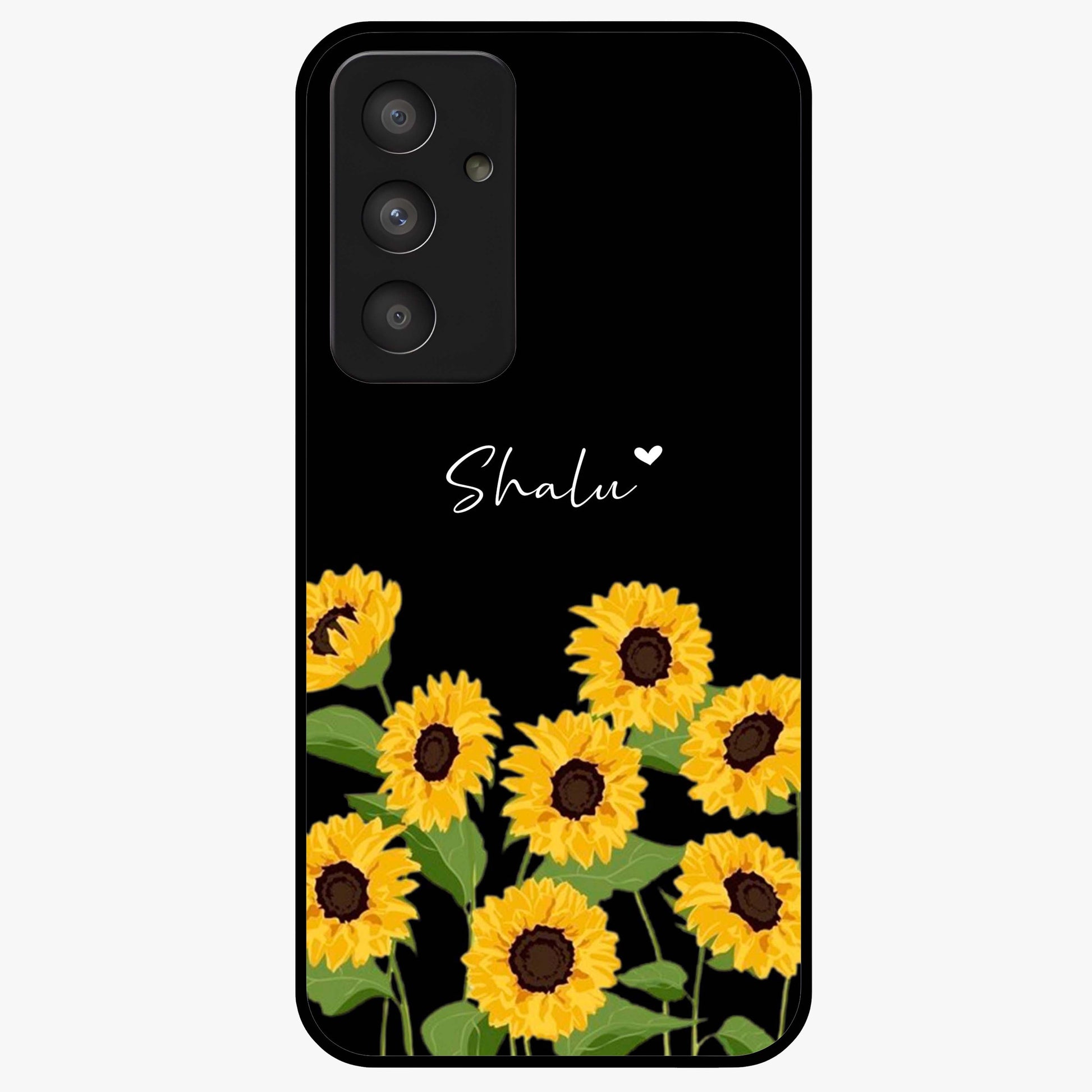 Sunflower Chic Mood Custom Name Glass Case showing flat back view with stylish sunflower artwork and personalized name design.
