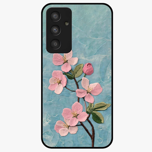 Threaded Blossom Breeze Glass Case showing flat back view with delicate blossom artwork and glossy glass finish.