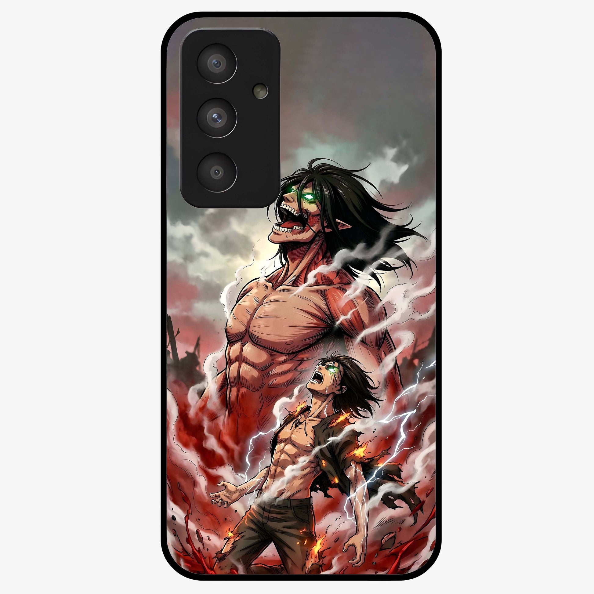 Titan Awakening Fury Glass Case showing flat back view with powerful titan inspired artwork and glossy glass finish.