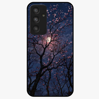 Twilight Sakura Serenade Glass Case showing flat back view with cherry blossom artwork at twilight and glossy glass finish.