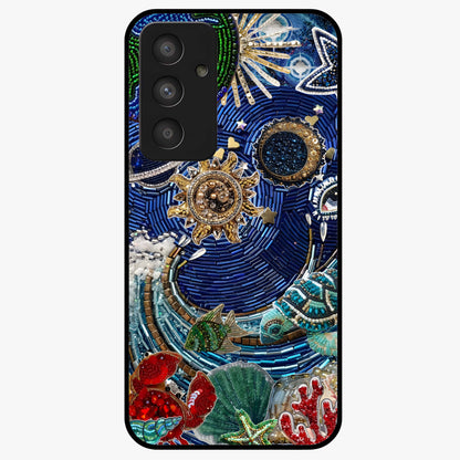 Universe Underwater Spark Glass Case showing flat back view with cosmic underwater themed artwork and glossy glass finish.