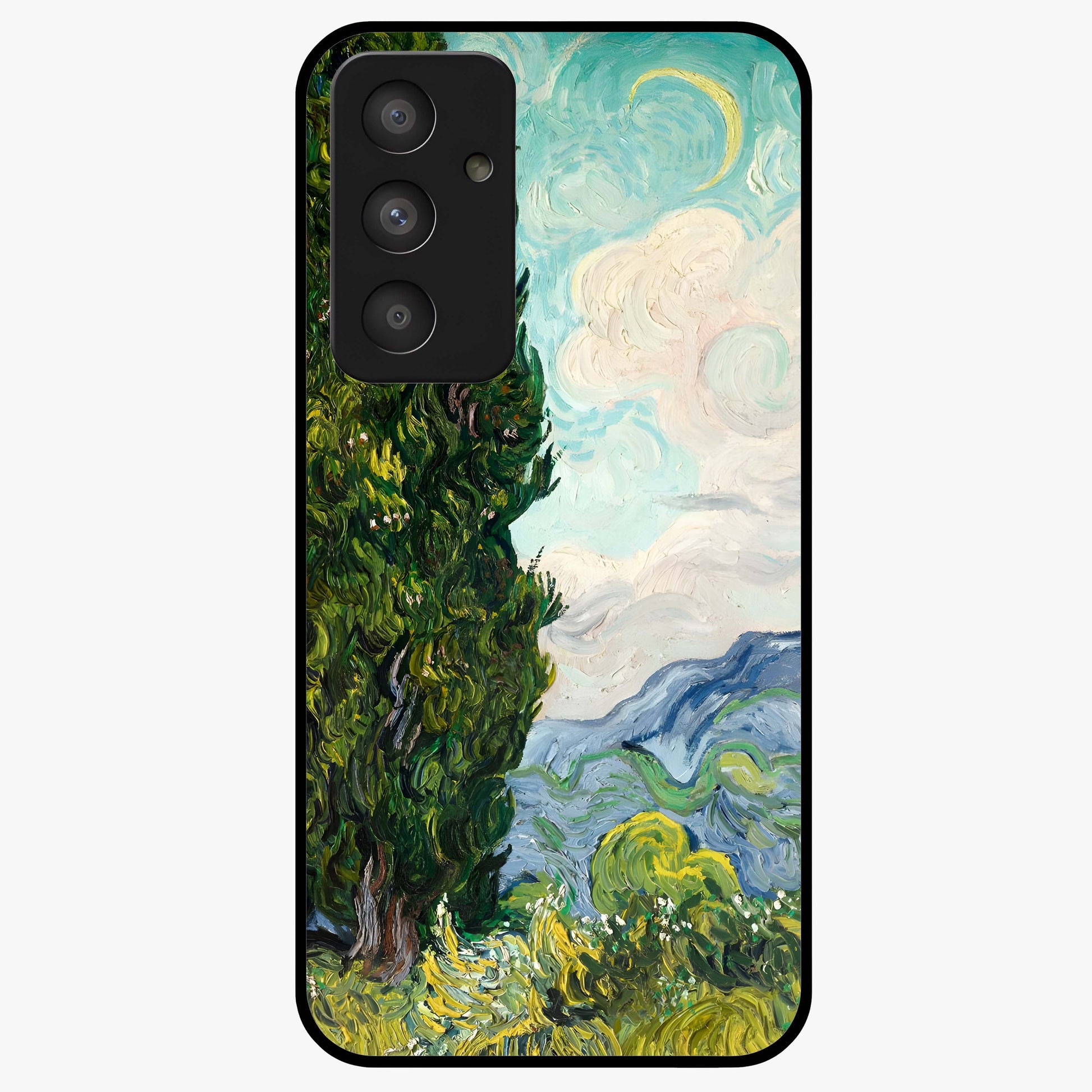 Van Gogh Vintage Art Glass Case showing flat back view with vintage painterly artwork inspired by Van Gogh style and glossy glass finish.