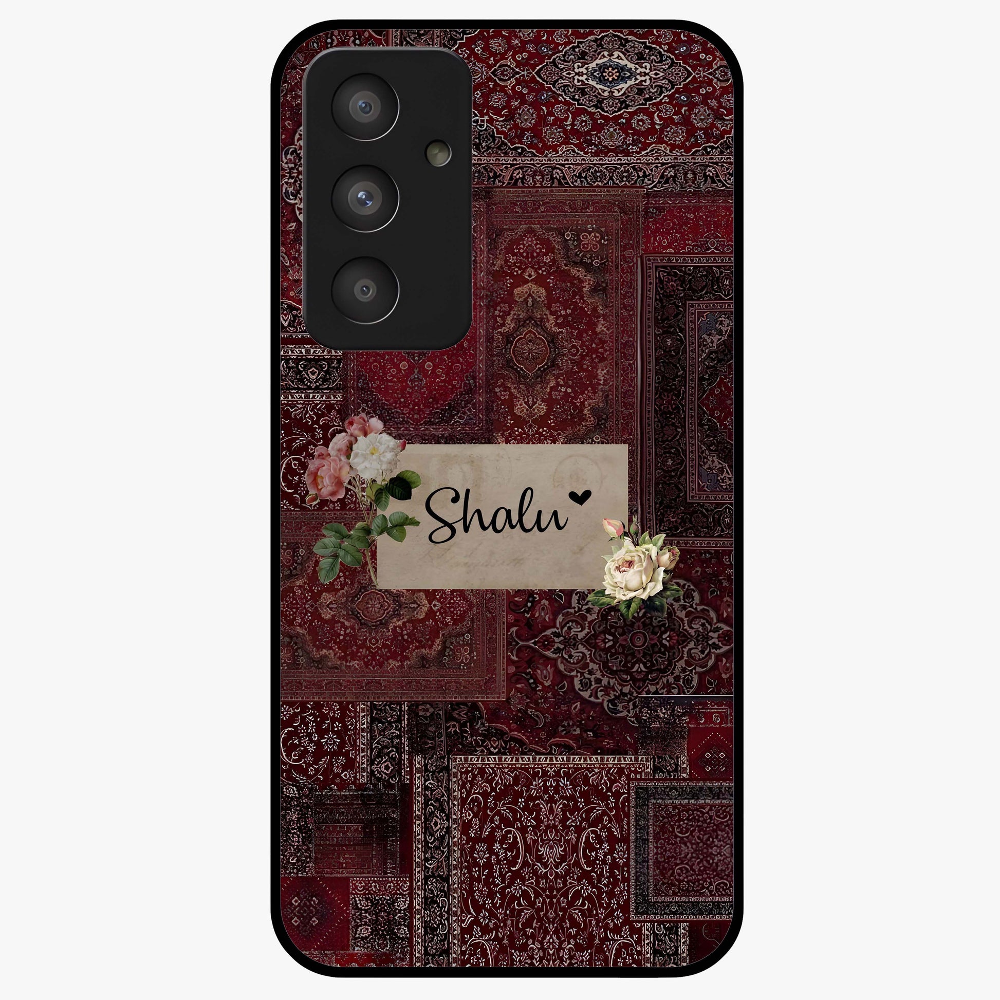 Velvet Wine Pattern Custom Name Glass Case showing flat back view with elegant wine colored pattern artwork and personalized name design.