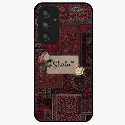 Velvet Wine Pattern Custom Name Glass Case showing flat back view with elegant wine colored pattern artwork and personalized name design.