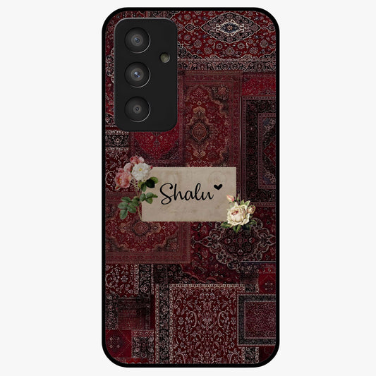Velvet Wine Pattern Custom Name Glass Case showing flat back view with elegant wine colored pattern artwork and personalized name design.
