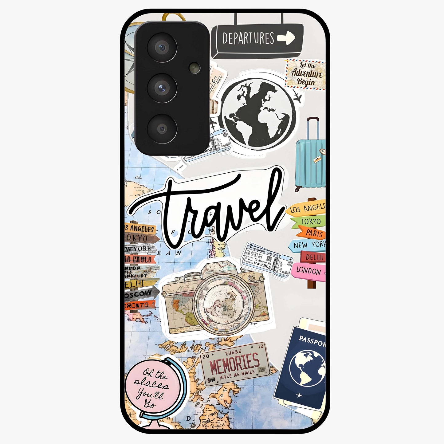 Wanderlust Journal Glass Case showing flat back view with travel inspired artwork and glossy glass finish.