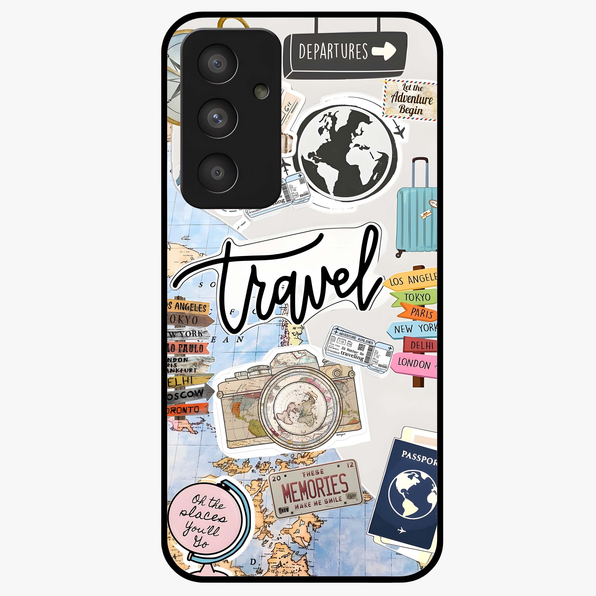 Wanderlust Journal Glass Case showing flat back view with travel inspired artwork and glossy glass finish.