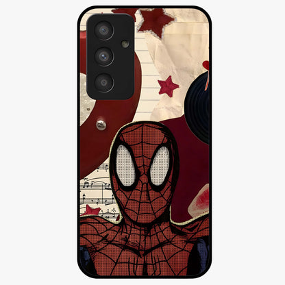 Web Warrior Vibes Glass Case showing flat back view with superhero inspired web themed artwork and glossy glass finish.