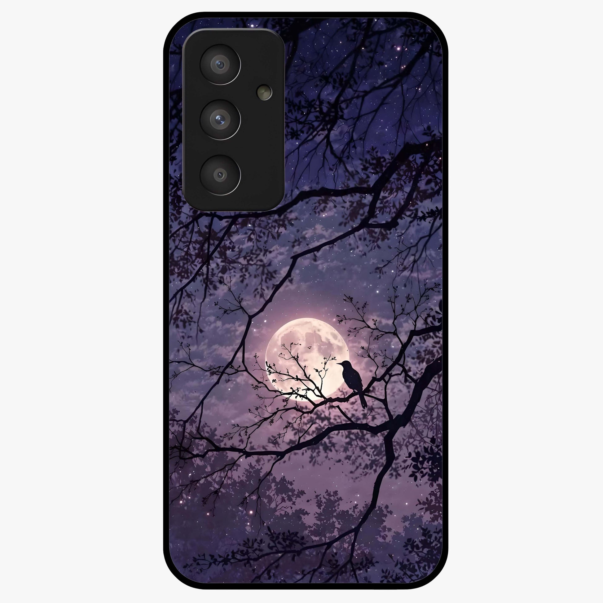 Whispering Moon Silence Glass Case showing flat back view with serene moon themed artwork and glossy glass finish.