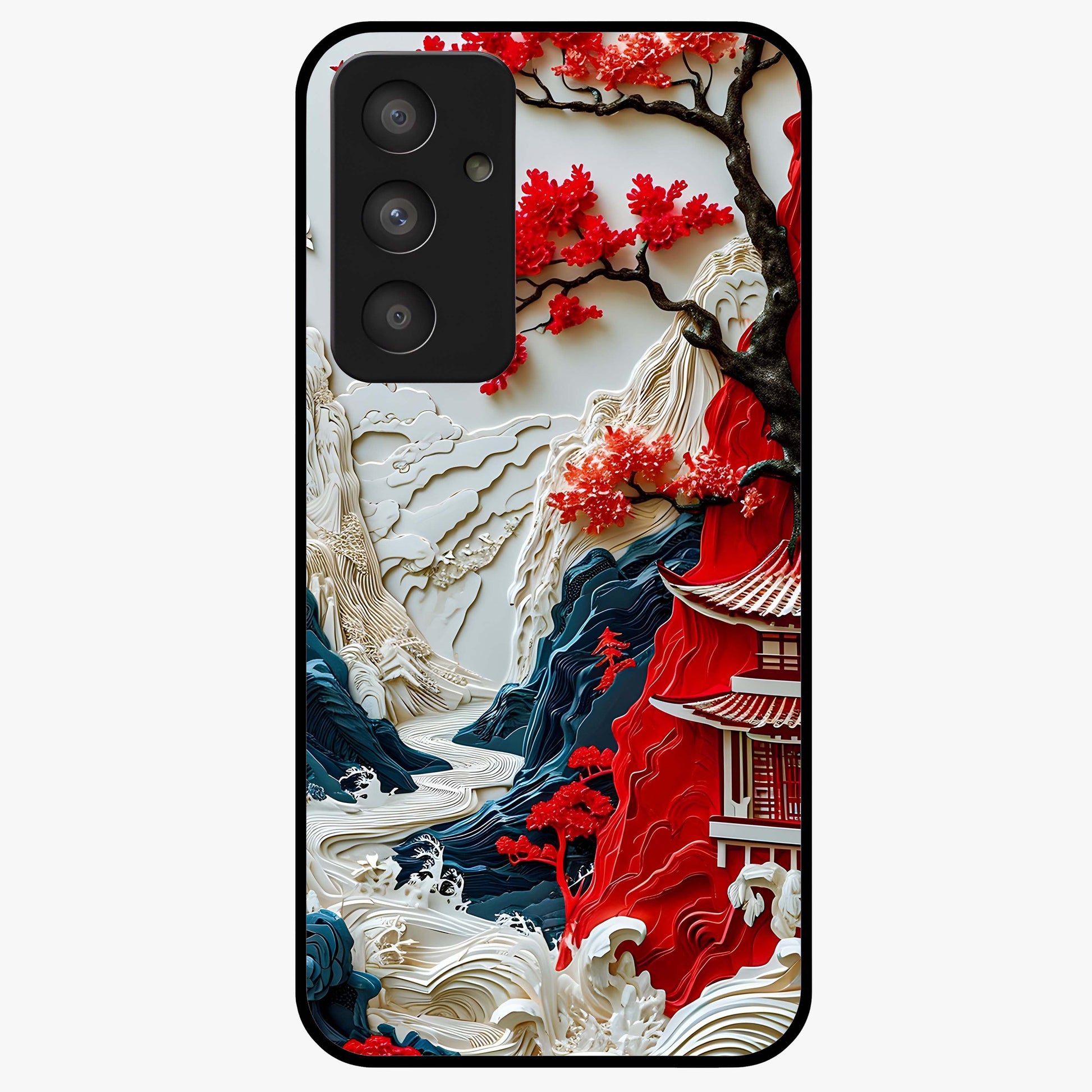 Whispers Of Sakura Waves Glass Case showing flat back view with cherry blossom wave artwork and glossy glass finish.