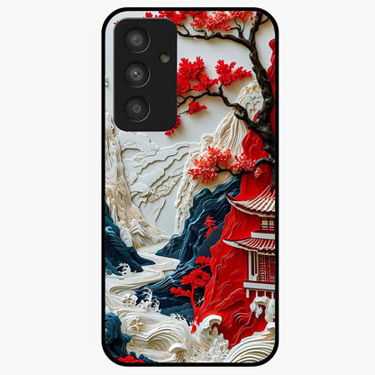 Whispers Of Sakura Waves Glass Case showing flat back view with cherry blossom wave artwork and glossy glass finish.