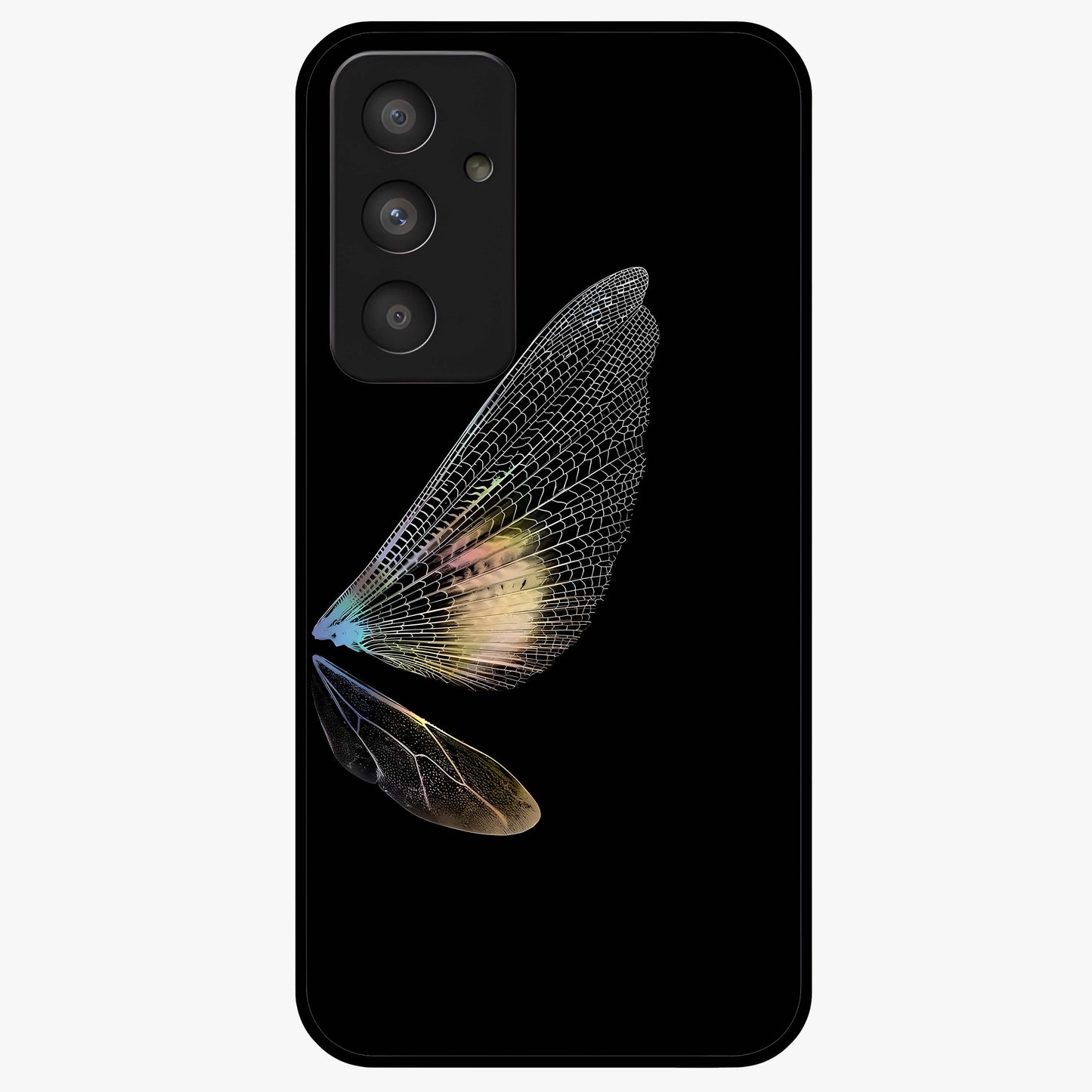 Whispers Of Wings Glass Case showing flat back view with graceful wing inspired artwork and glossy glass finish.