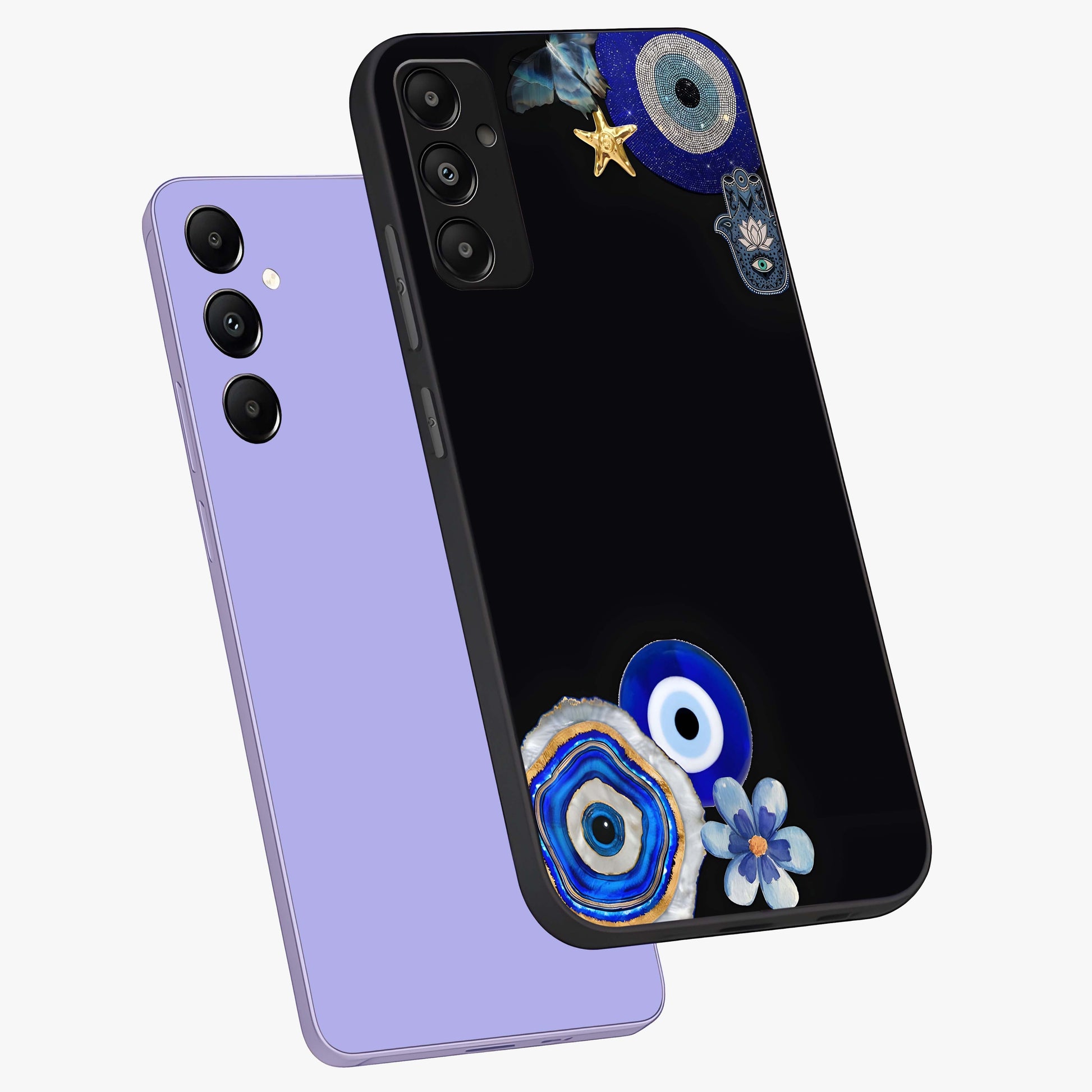 Aesthetic Blue Evil Eye Glass Case displayed in angled mockup highlighting blue evil eye symbol and spiritual aesthetic design.