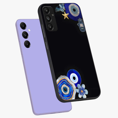 Aesthetic Blue Evil Eye Glass Case displayed in angled mockup highlighting blue evil eye symbol and spiritual aesthetic design.