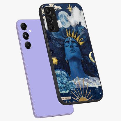 Aesthetic Lord Shiva Glass Case displayed in angled mockup highlighting spiritual Shiva illustration and sacred aesthetic design.