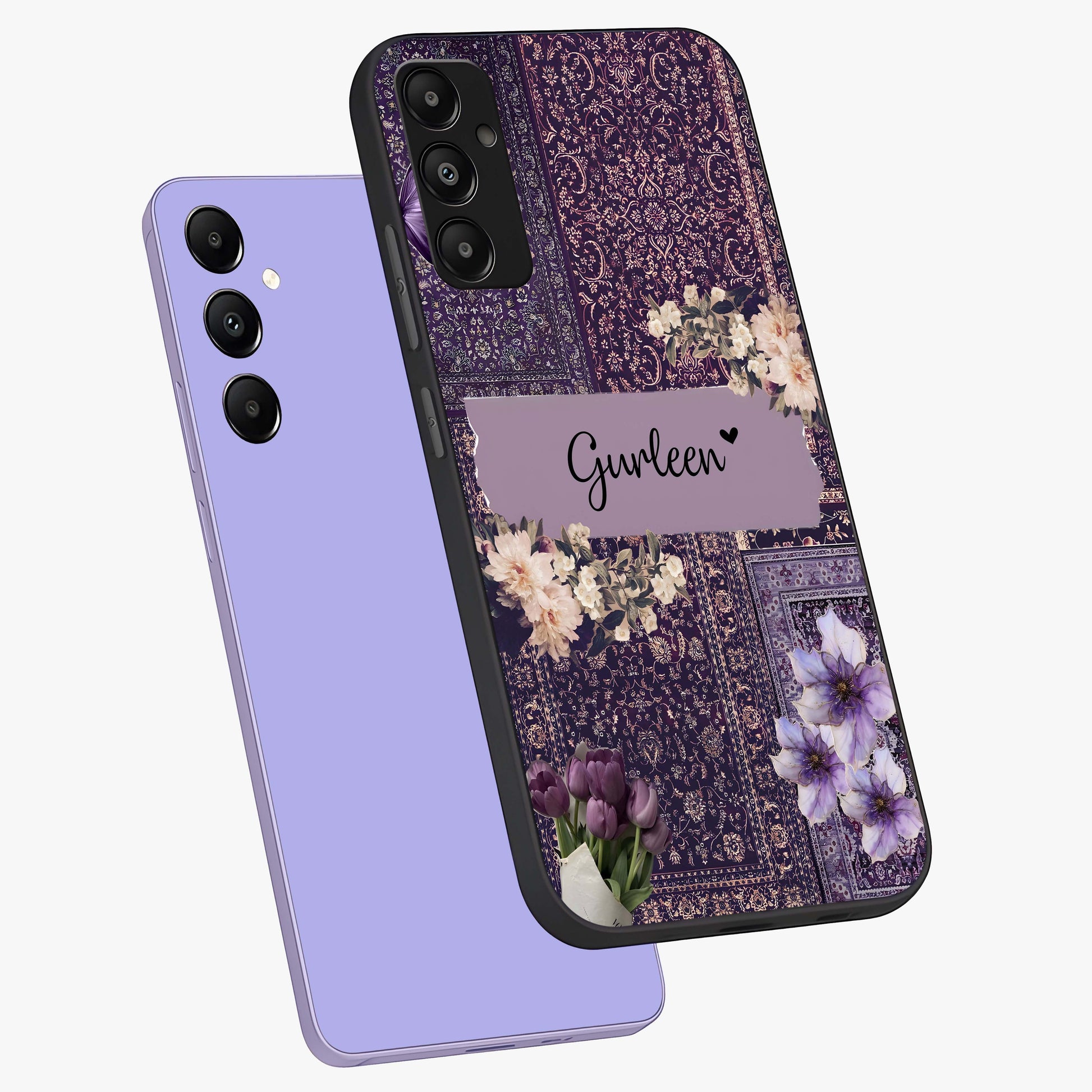 Antique Floral Whisper Custom Name Glass Case displayed in angled mockup highlighting elegant antique floral aesthetic.
