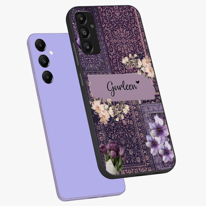 Antique Floral Whisper Custom Name Glass Case displayed in angled mockup highlighting elegant antique floral aesthetic.