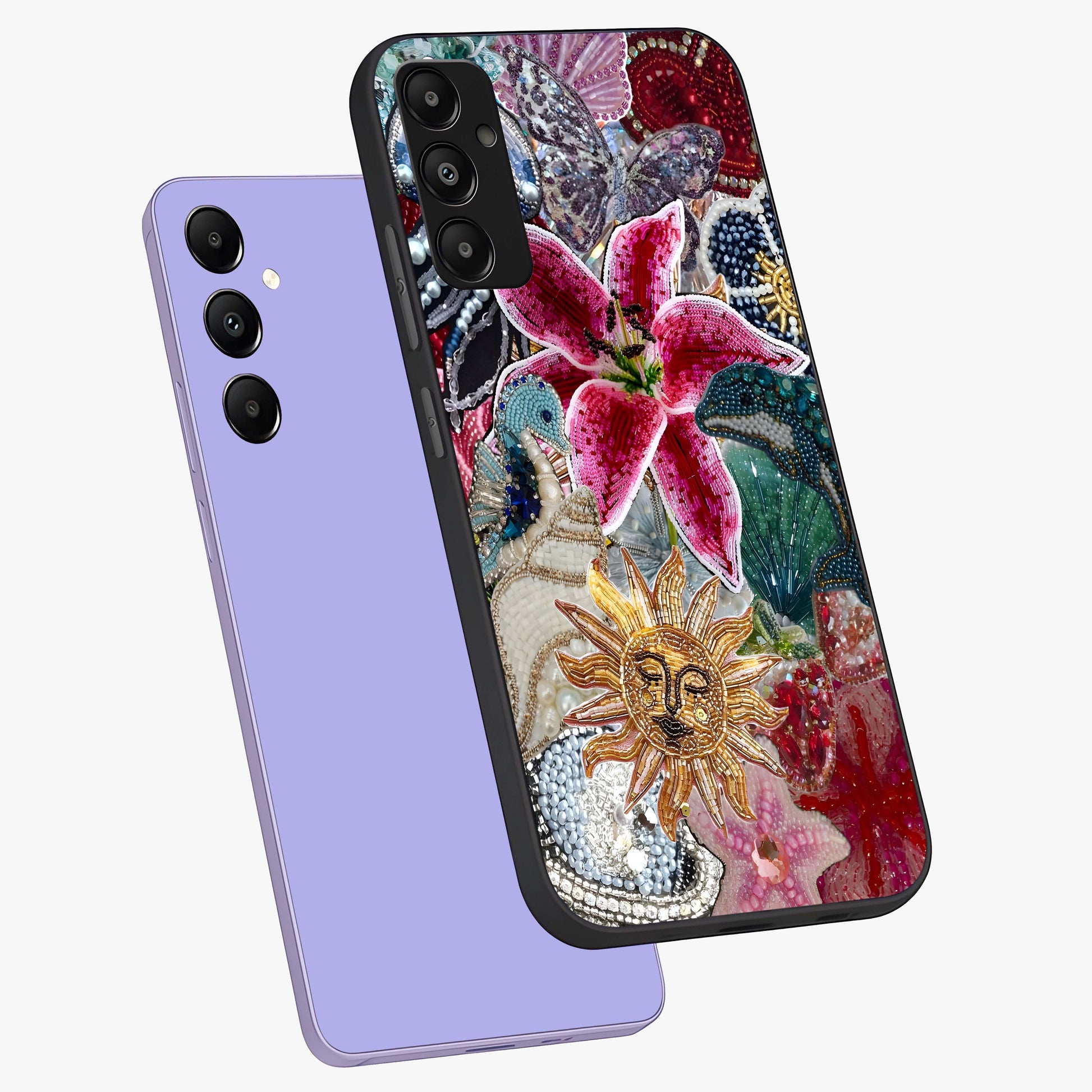 Beaded Garden Fantasy Glass Case displayed in angled mockup highlighting fantasy inspired floral bead pattern.