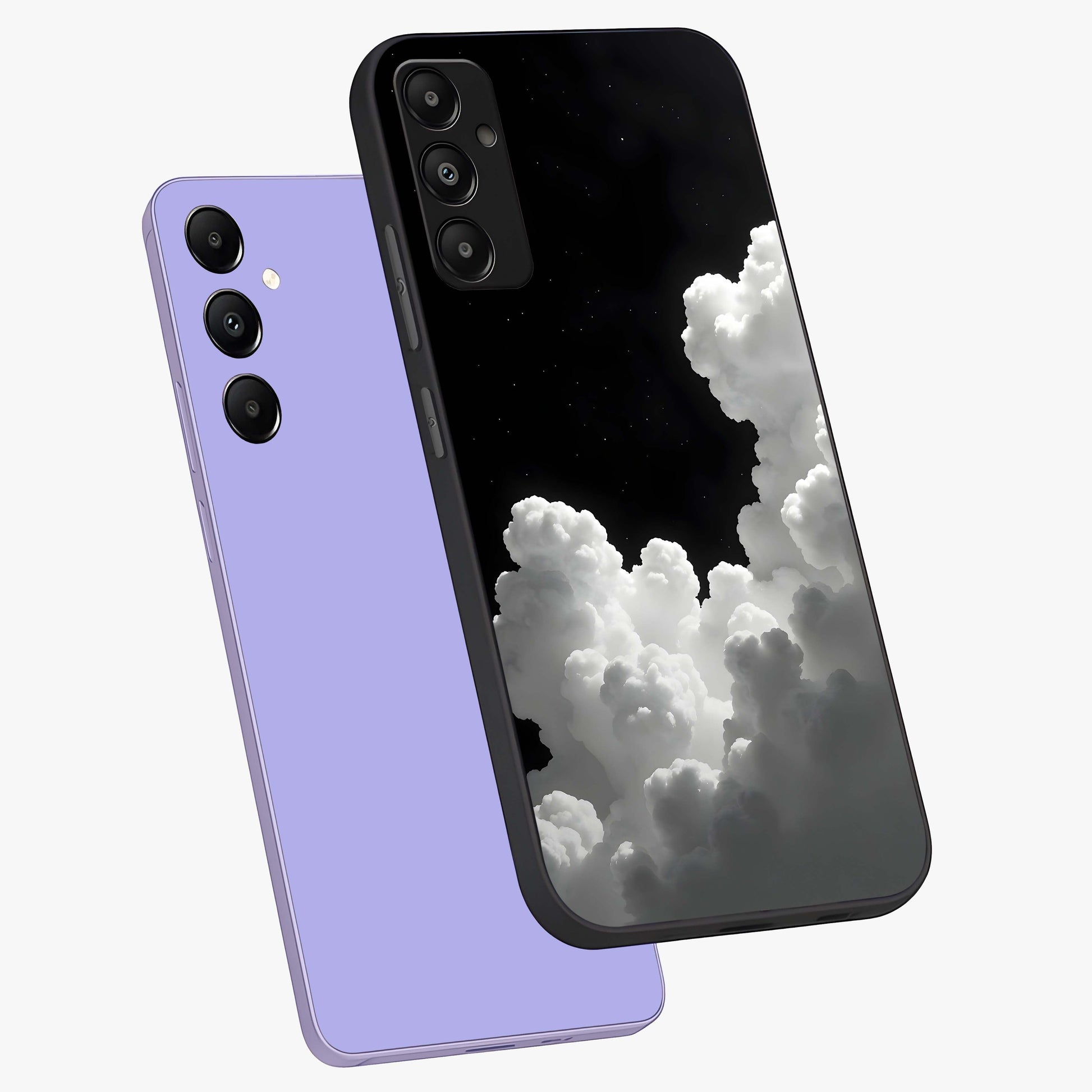 Black Background With White Cloud Glass Case displayed in angled mockup highlighting soft white cloud illustration and minimal design.