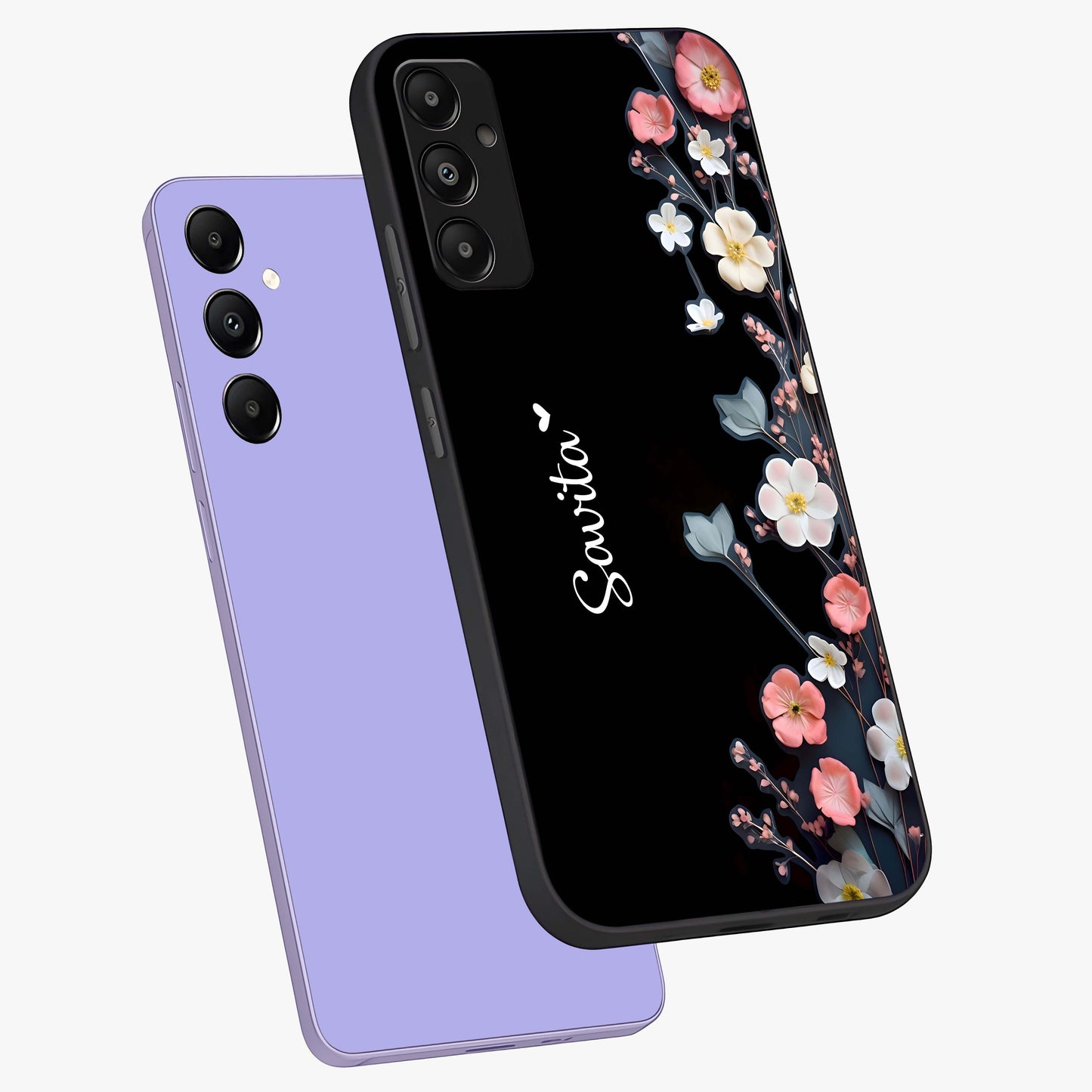 Black Elegance Floral Custom Name Glass Case displayed in angled mockup highlighting dark floral aesthetic and custom name feature.