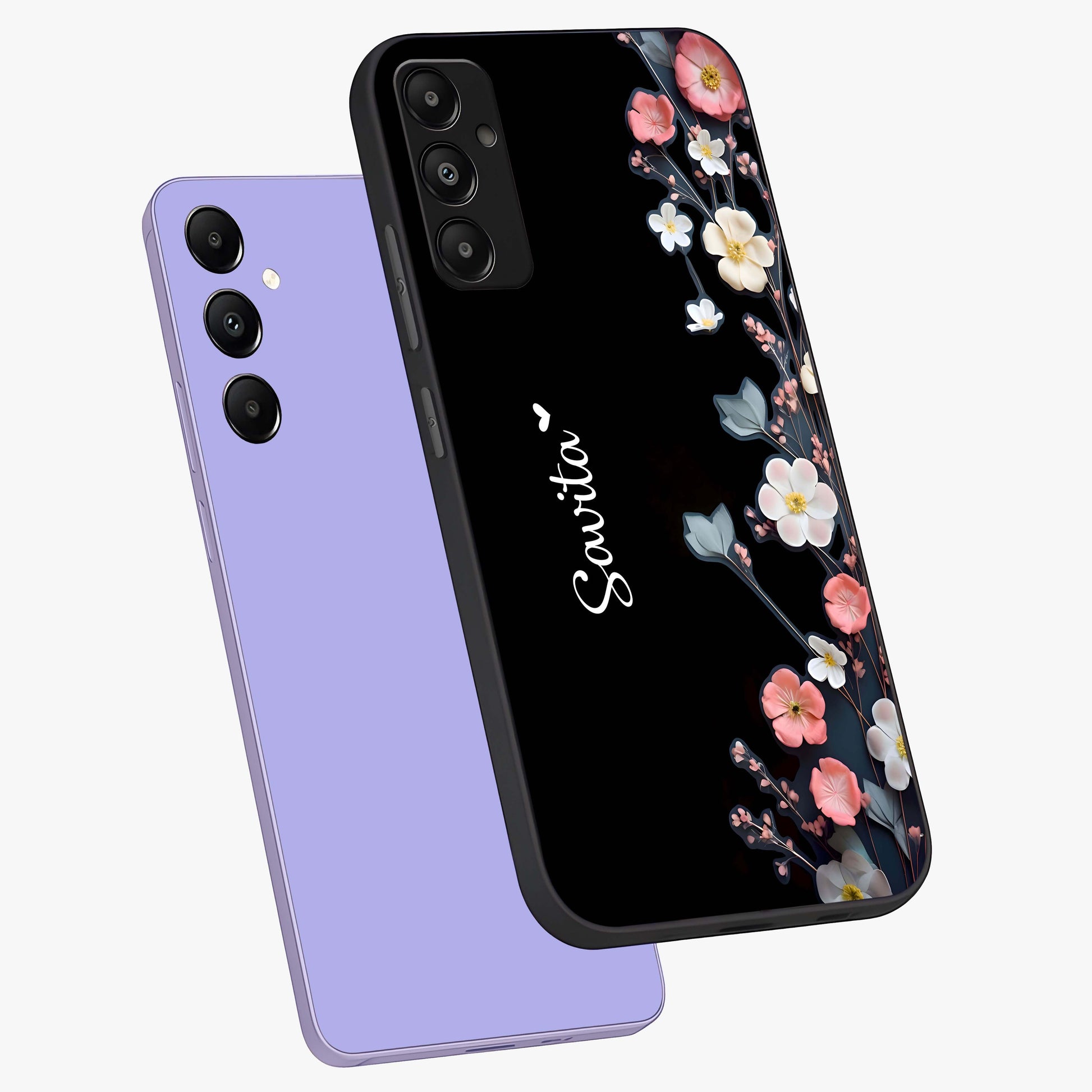Black Elegance Floral Custom Name Glass Case displayed in angled mockup highlighting dark floral aesthetic and custom name feature.
