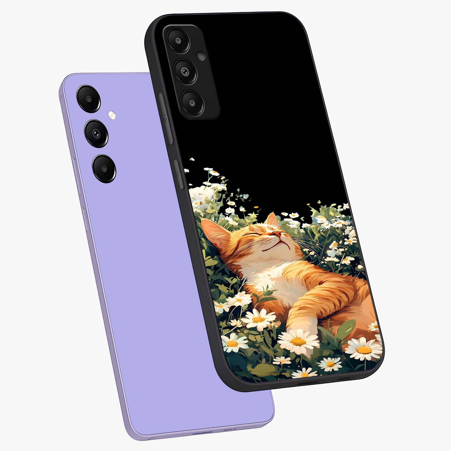 Blissful Bloom Cat Glass Case displayed in angled mockup highlighting playful feline illustration with soft floral aesthetic.