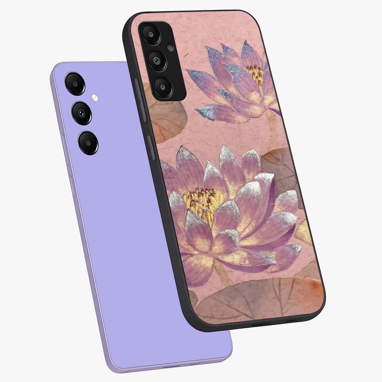 Blossom Mist Lotus Glass Case displayed in angled mockup highlighting delicate lotus illustration with calm aesthetic theme.