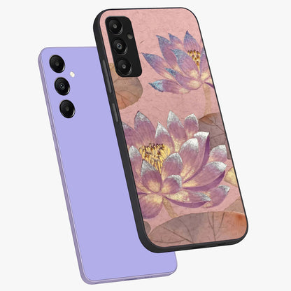 Blossom Mist Lotus Glass Case displayed in angled mockup highlighting delicate lotus illustration with calm aesthetic theme.