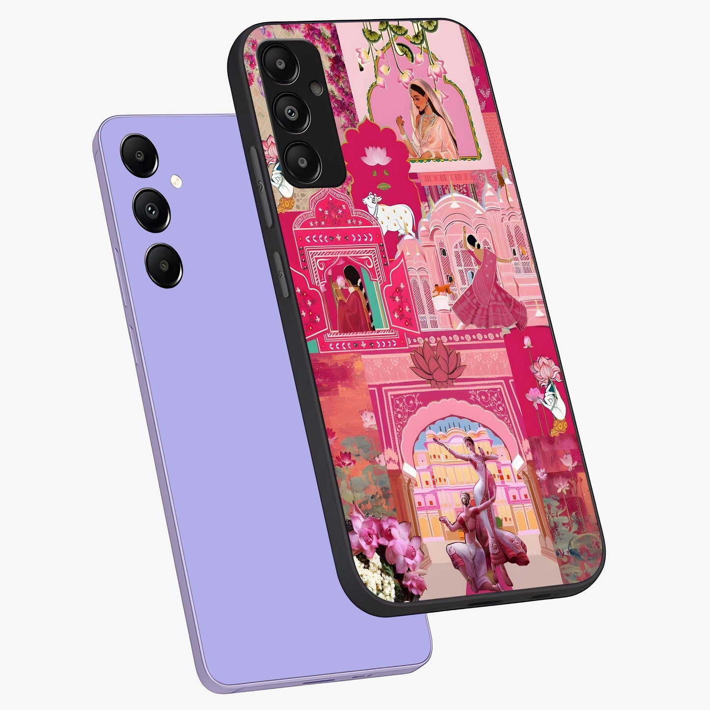 Blossoms of Rajasthan Glass Case displayed in angled mockup highlighting vibrant floral pattern with cultural aesthetic style.