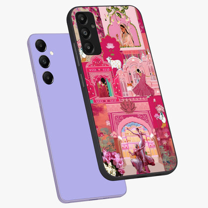 Blossoms of Rajasthan Glass Case displayed in angled mockup highlighting vibrant floral pattern with cultural aesthetic style.