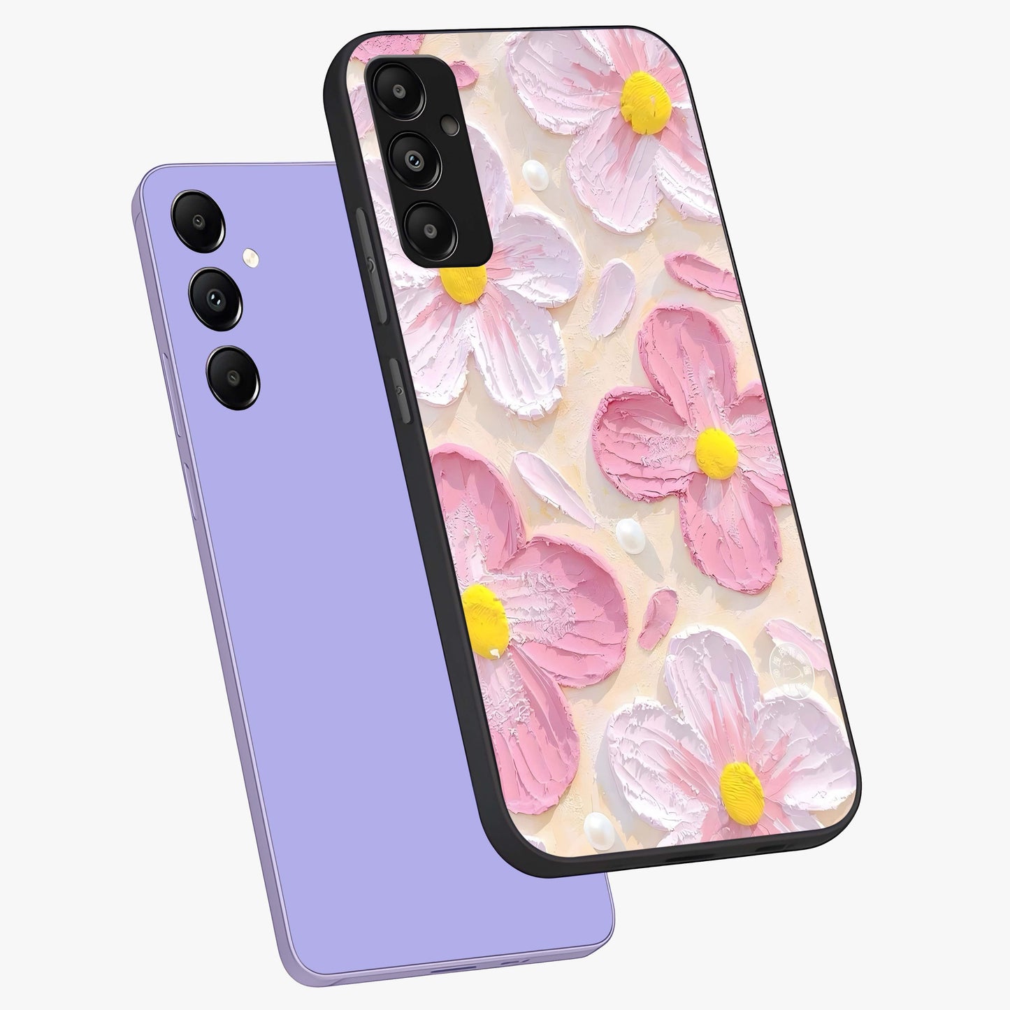 Blush Bloom Texture Glass Case displayed in angled mockup highlighting subtle bloom pattern with aesthetic pastel design.