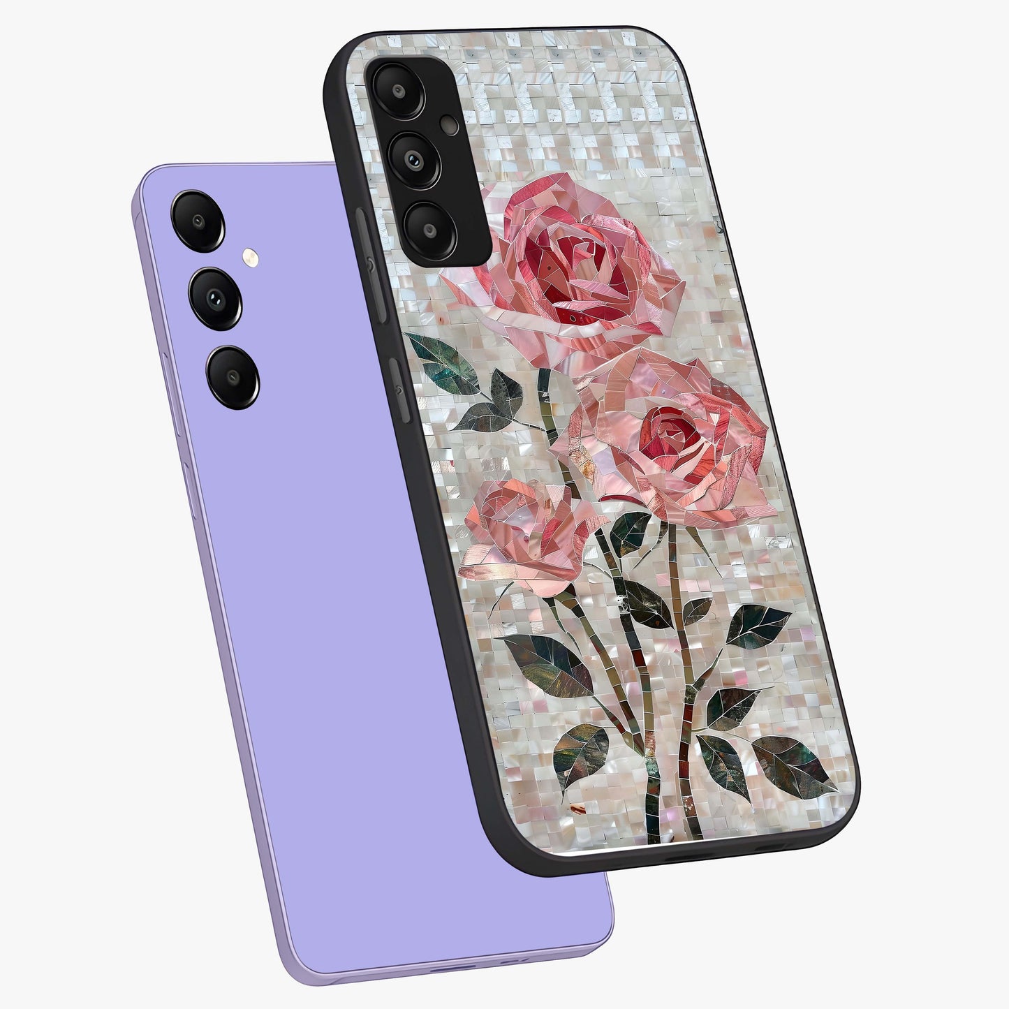 Blush Mosaic Bloom Glass Case displayed in angled mockup highlighting artistic mosaic flower pattern with aesthetic design.