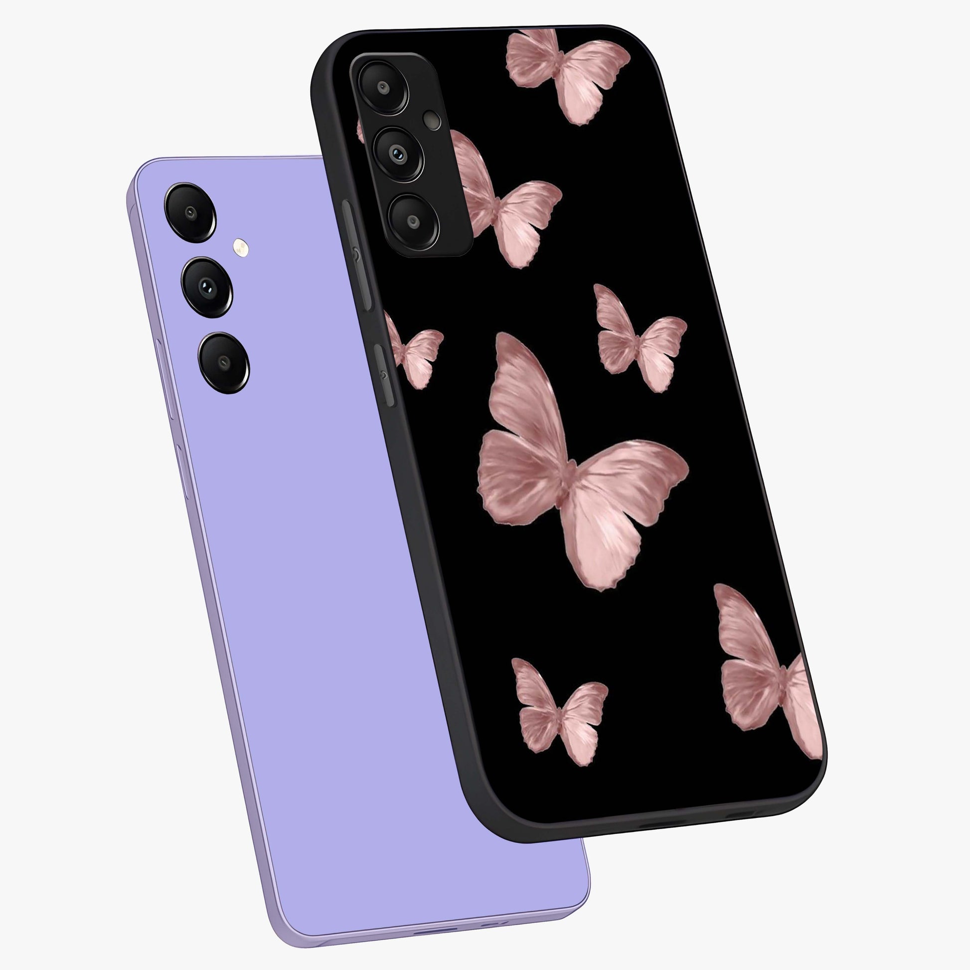 Butterfly Pattern Glass Case displayed in angled mockup highlighting delicate butterfly design and aesthetic pattern style.
