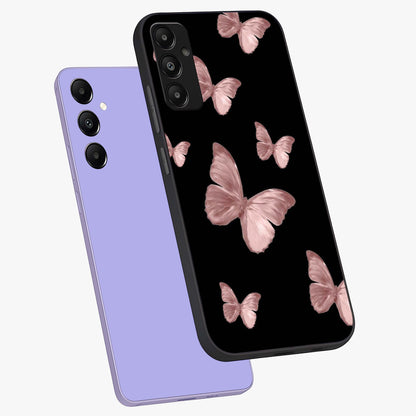 Butterfly Pattern Glass Case displayed in angled mockup highlighting delicate butterfly design and aesthetic pattern style.