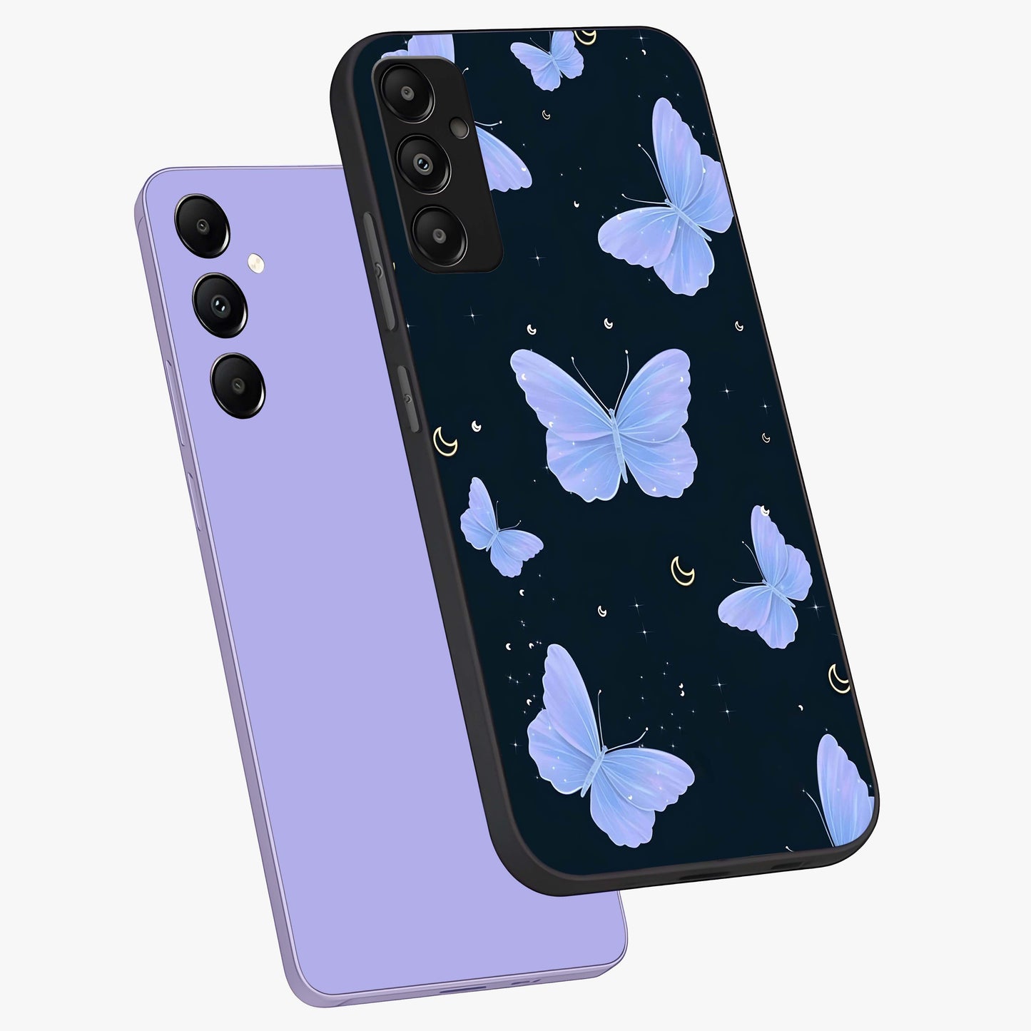 Butterfly With Stars Pattern Glass Case displayed in angled mockup highlighting dreamy butterfly and star design with aesthetic theme.