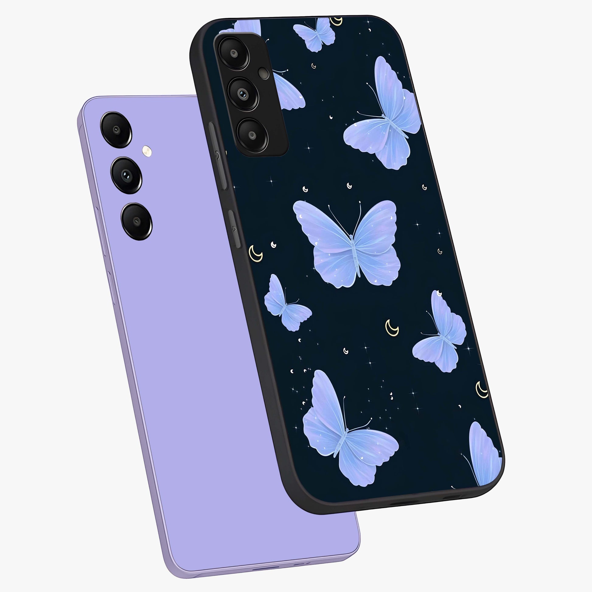 Butterfly With Stars Pattern Glass Case displayed in angled mockup highlighting dreamy butterfly and star design with aesthetic theme.