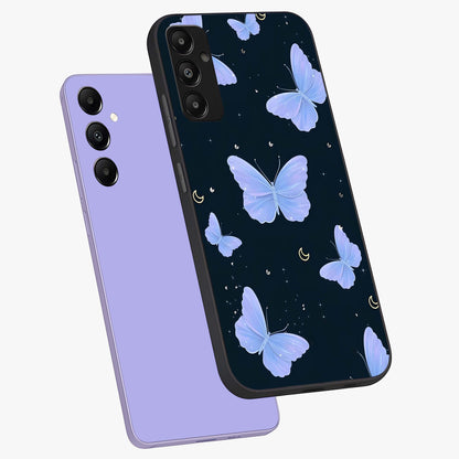 Butterfly With Stars Pattern Glass Case displayed in angled mockup highlighting dreamy butterfly and star design with aesthetic theme.