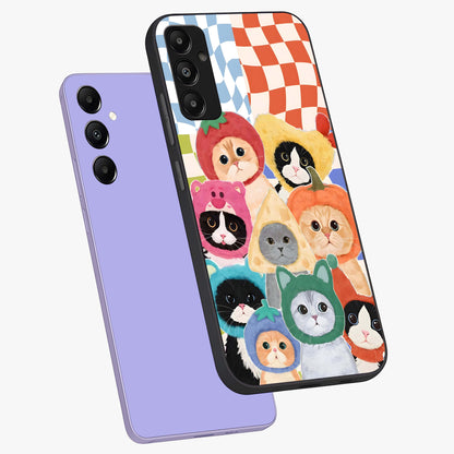 Cats in Fruits Glass Case displayed in angled mockup highlighting cute feline fruit design with colorful aesthetic style.