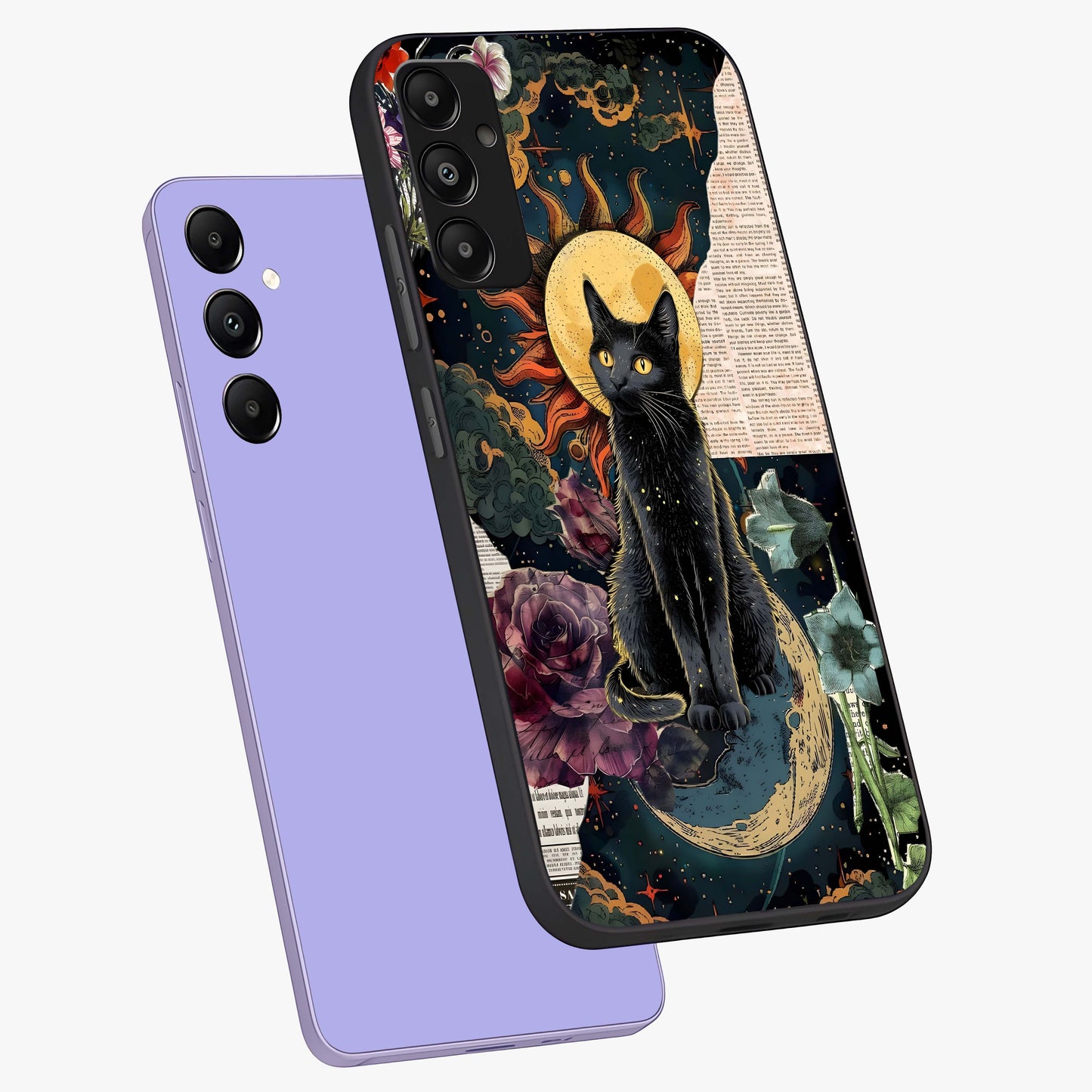 Celestial Black Cat Glass Case displayed in angled mockup highlighting cosmic black cat design with celestial aesthetic.