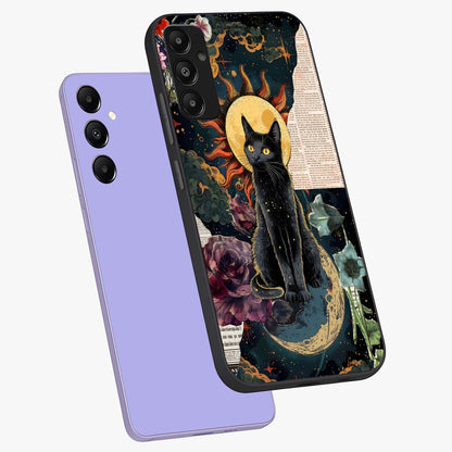 Celestial Black Cat Glass Case displayed in angled mockup highlighting cosmic black cat design with celestial aesthetic.